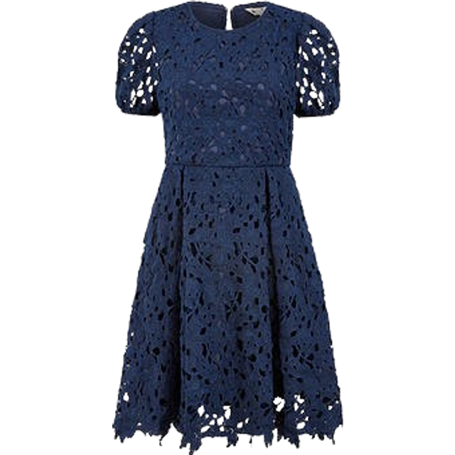 Yumi Navy Lace Skater Dress With Puff Sleeves - Size 10 UK - Yumi