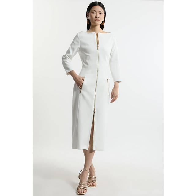 Compact Stretch Tailored Long Sleeve Zip Through Maxi Dress - Ivory