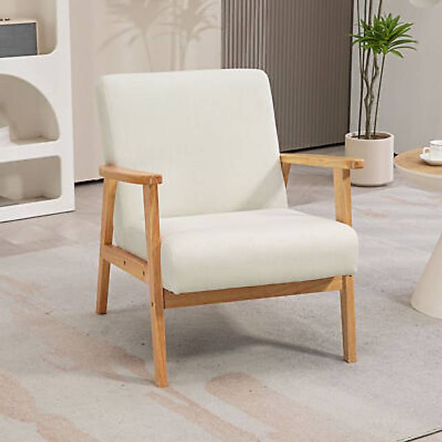 Homcom Fabric Accent Chair, Arm Chair With Rubber Wood Frame And Padded Cushion, Cream White