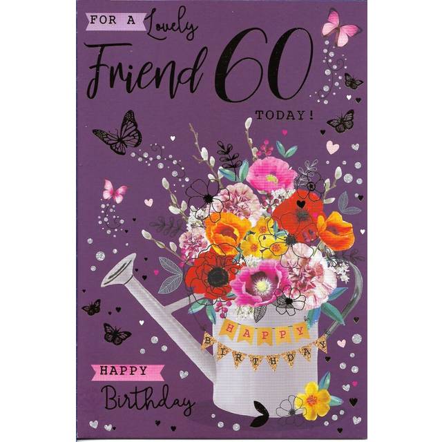 Friend 60th female birthday greeting card 9"x6" flowers in watering can