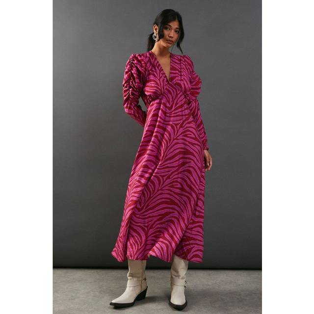 Womens Pink Zebra Print Viscose V Neck Long Puff Sleeve Midi - 10
