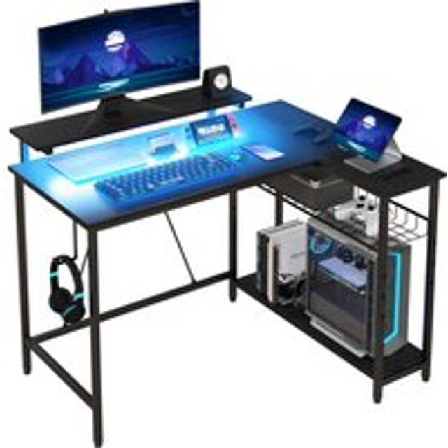 HOMCOM Reversible L Shape Gaming Desk with LED Light, Power Outlets, Multi-Storage, Black Aosom UK