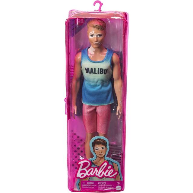 Barbie Ken Fashionistas Doll #192, Brown Cropped Hair, Vitiligo, Malibu Tank, Red Shorts, Blue Sandals, Toy for Kids 3 to 8 Years Old
