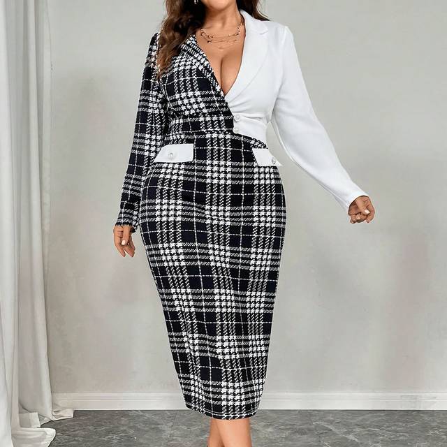 SHEIN Plus Size Women Plaid Contrast Color Waist Pearl Button Bodycon Elegant Knitted Dress