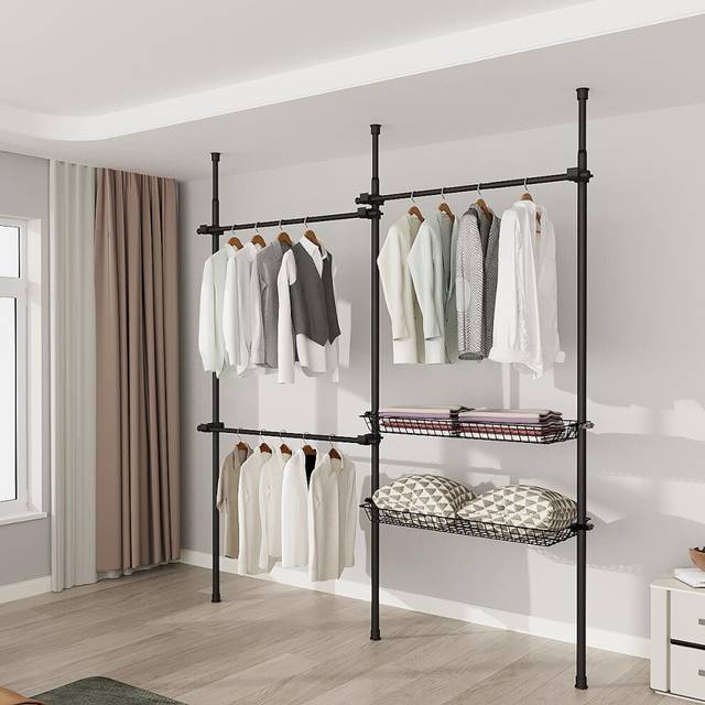 Floor to ceiling rail organiser black or white clothes rack with baskets storage