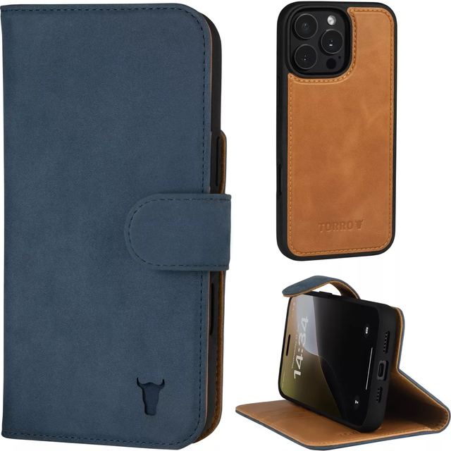 iPhone 16 Pro Max Leather Wallet Case (with Detachable Cover & MagSafe Compatible) - Nubuck / Blue