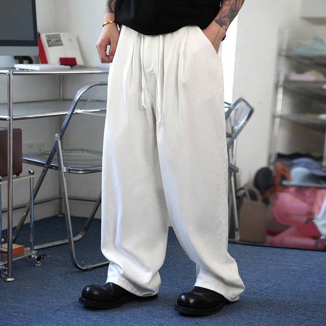 Manfinity Vintage Style Men&#39;s Loose Fit Relaxed Straight Wide Leg Balloon Jeans In Beige