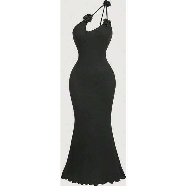 SHEIN Asymmetrical Collar 3D Flower Mermaid Hem Bodycon Black Dress,Cocktail Dress Short,Wedding Dress Guest,Black Prom Dress,Black Homecoming Dress,Asymmet