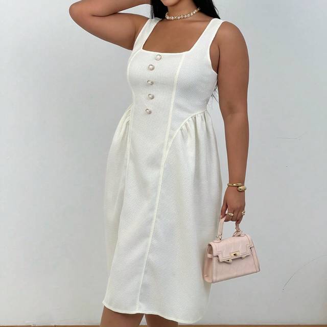 Celure Plus Size Milky White French Elegant & Youthful Sweet Textured Fitted Waist Square Neck A-Line Dress With Subtle Pearl Button Back Detailed Bodice