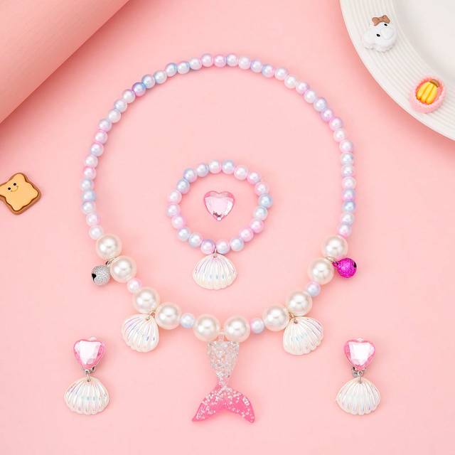 SHEIN 5pcs/Set Kids Cute Princess Beaded Necklace Bracelet Earrings Ring Jewelry Set, Mermaid Princess Gift, Suitable For Girls, Party Favor Birthday Gift H