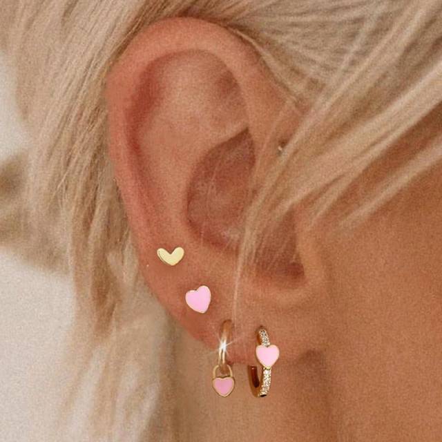 SHEIN 4pcs/Set Exquisite Pink Tone Zirconia Stud Earrings Set Featuring Stars, Moon Design, Suitable For Women&#39;S Dating, Party, Daily Commute Wear