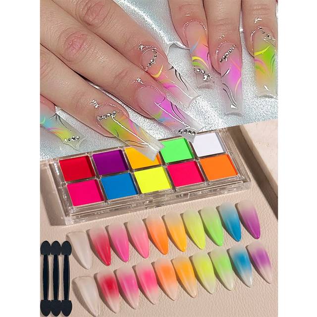 SHEIN 10 Colors Solid Gradient Nail Art Powder Set, Pink Blue Purple Yellow Dust Gradient Blush Nail Art Effect Cute Dopamine Decoration With 3 Pcs Eyeshado