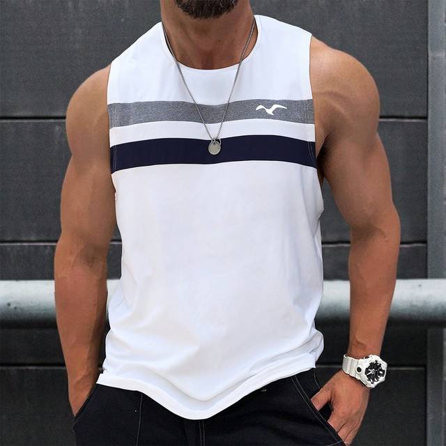 SHEIN Manfinity Homme Men&#39;s Patchwork Pattern Round Neck Tank Top , Men&#39;s Summer Vacation Casual Refreshing Breathable Classic Popular Blue And White Color-