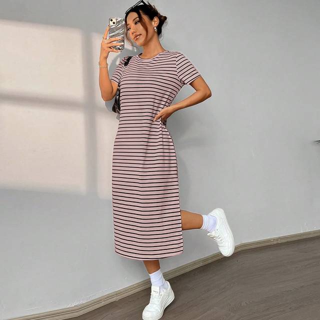 SHEIN 1pc Summer Casual Pink & Blue Stripe Knit Dress