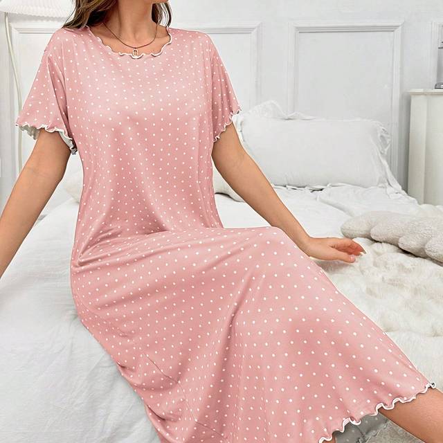 SHEIN Ruffled Polka Dot Allover Print Short Sleeve Casual Nightgown, Daily Wear