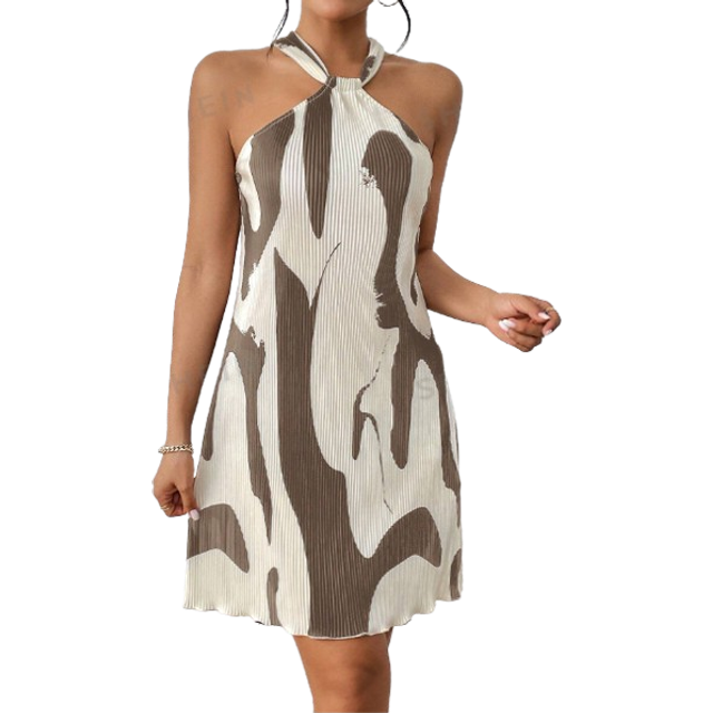 Grafiska Tryck Halter-Neck Klänningar - Kaki (L,M,S,XS)