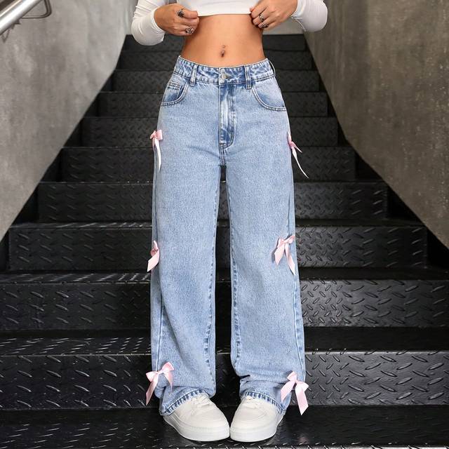 SHEIN Teen Girls Y2K Fashion Stonewashed Baggy Denim Straight Leg Jeans Pants With Bowknot Decorated Pockets, Girls Fall Clothes Back To School Outfits