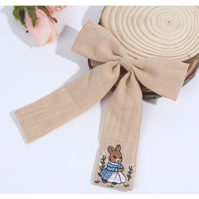 SHEIN 1pc Linen Fabric Hair Bow Clips For Toddlers Girls,Cute Bunny Embroidery Hair Bows,Pastoral Style Hair Barrettes,Alligator Clips With Two Tails,Kids T