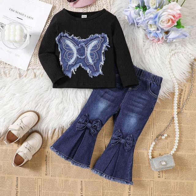 SHEIN Baby Girls Spring/Fall Casual Butterfly Applique Long Sleeve Top And Bow Decor Flare Denim Pants 2pcs Outfit Set