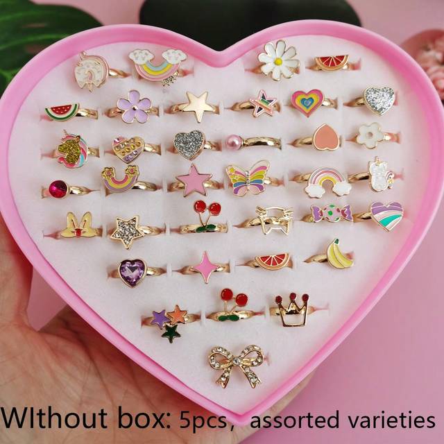 SHEIN (Without Box) 5pcs/Lot Fashion Silver/Gold Girls Alloy Finger Ring Child Jewelry Gift Adjustable Rings Random Send