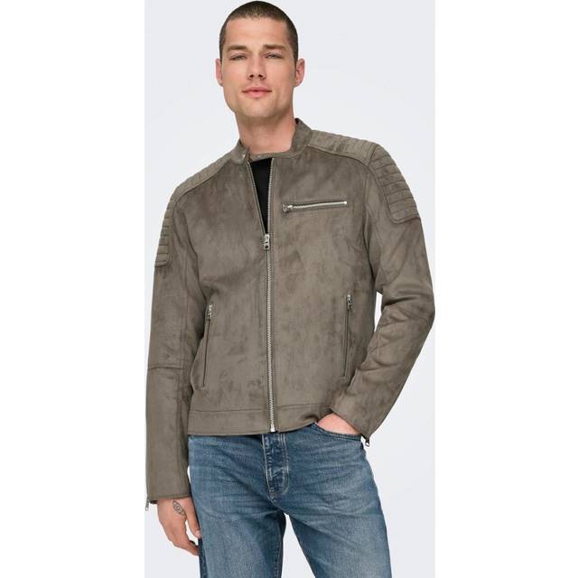 ONLY & SONS, Light Jackets, male, Beige, XL, Faux Suede Racer Jacket