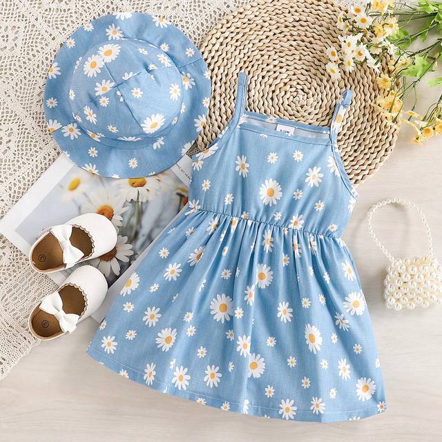 SHEIN Baby Girl 2pcs/Set Daisy Print Casual Style Spaghetti Strap Dress With Hat, Summer Outfit