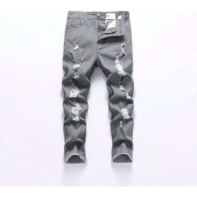 SHEIN Tween Boys&#39; Casual Street Fashion Distressed Ripped Light Gray Stretch Jeans