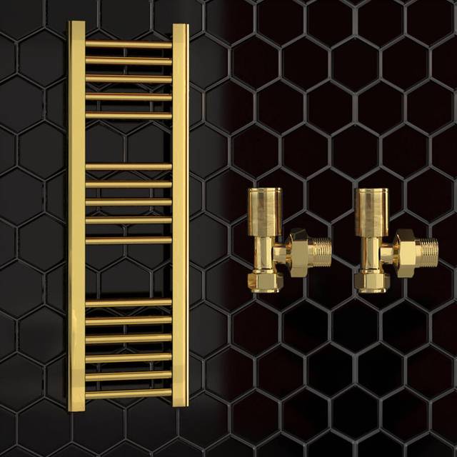 (300 x 900 mm (h), With Angled  Valves) 300mm Wide Gold Heated Bathroom Towel Rail Radiator With Valves For Central Heating UK