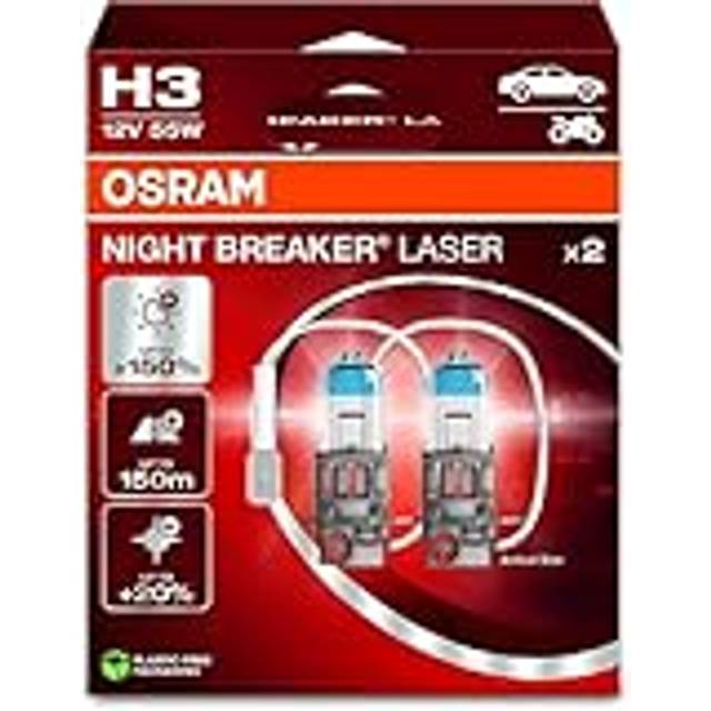 OSRAM NIGHT BREAKER LASER H3, 150% mer ljusstyrka, halogenstrålkastare, 64151NL-2HB, 12V, Hängande hopfällbar låda (2 lampor)