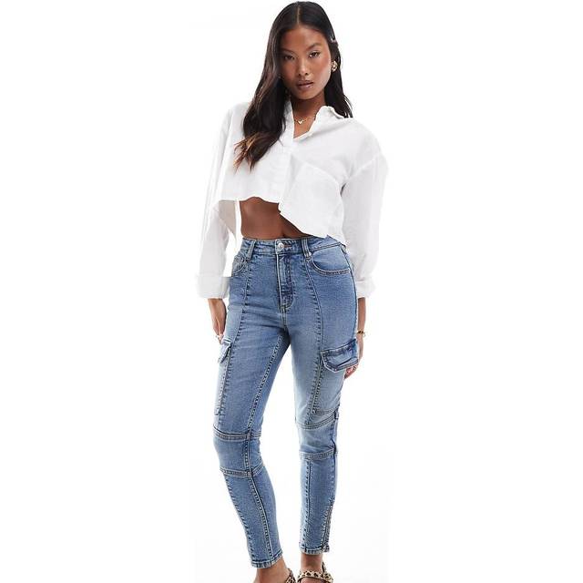 Miss Selfridge Petite – Mellanblå, tvättade, skinny jeans i cargostil
