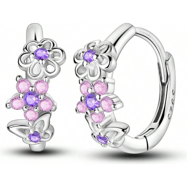 SHEIN Pink Purple Butterfly Flower Hoops Earrings 925 Sterling Silver Hypoallergenic Pendant Earrings For Women Girl Luxury Jewelry Wedding Party Gifts Vale