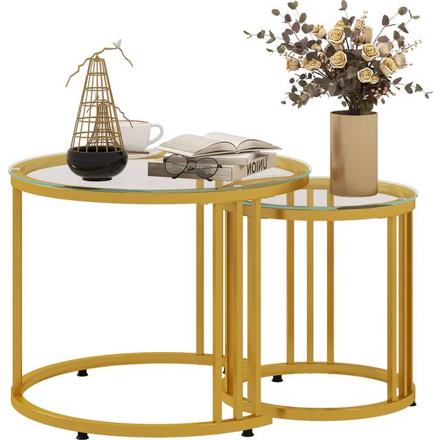 Set Of 2 Round Coffee Tables With Tempered Glass Top And Steel Frame - Clear (47cm H X 60cm W X 60cm D)
