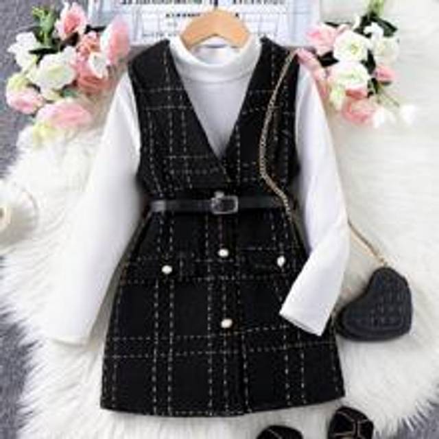 SHEIN Young Girl Mock Neck Tee & Plaid Print Belted Dress
