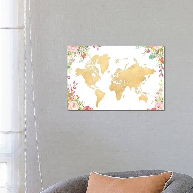 Gold World Map With Boho Watercolor Flowers by Blursbyai - No Frame Gallery-Wrapped Canvas Giclée on Canvas - White;Silver;Cream;Earls Green;Light Yel (45.72cm H x 66.04cm W)
