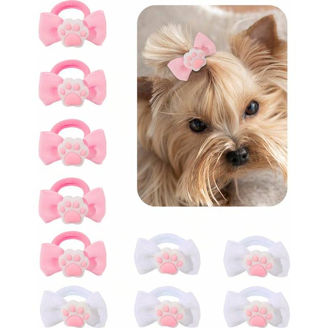 SHEIN 10pcs White Pink Dog Paw Hair Bows For Dogs And Cat,Dog Bows With Rubber Band,Cute Puppy Dog Yorkie Dogs Hair Grooming Hair Ties,Valentine&#39;S Day Gifts