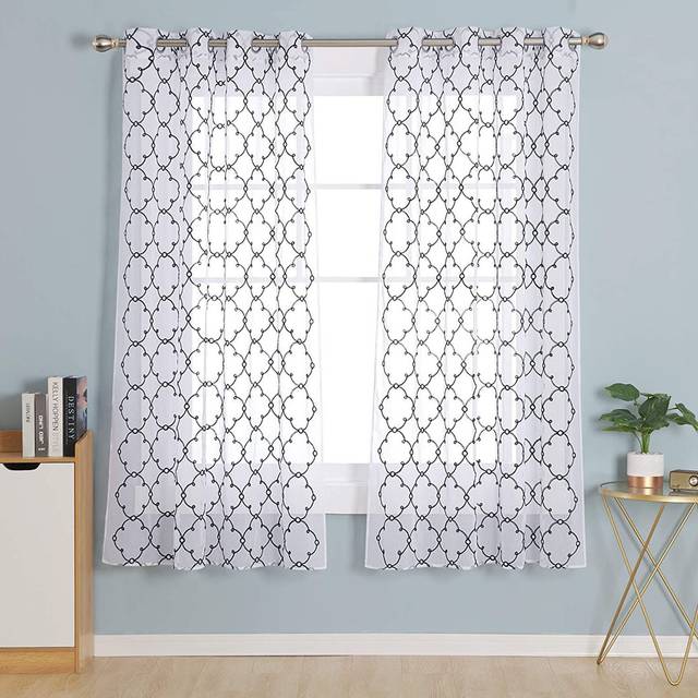 Marlow Home Co. Top Ring Diamond Embroidery Net Curtains Semi Transparent Curtains Faux Linen Sheer Curtains For Living Room 2 Panels - Navy Blue (140 W x 175 D cm)