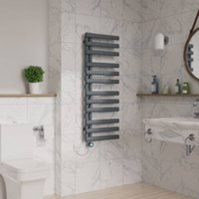 Warmehaus - 1200x450mm Thermostatic Electric Towel Rail Oval Sand Grey