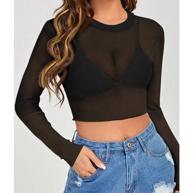 SHEIN Women Solid Color Sheer Round Neck Long Sleeve Blouse , Black Crop Top Long Sleeve