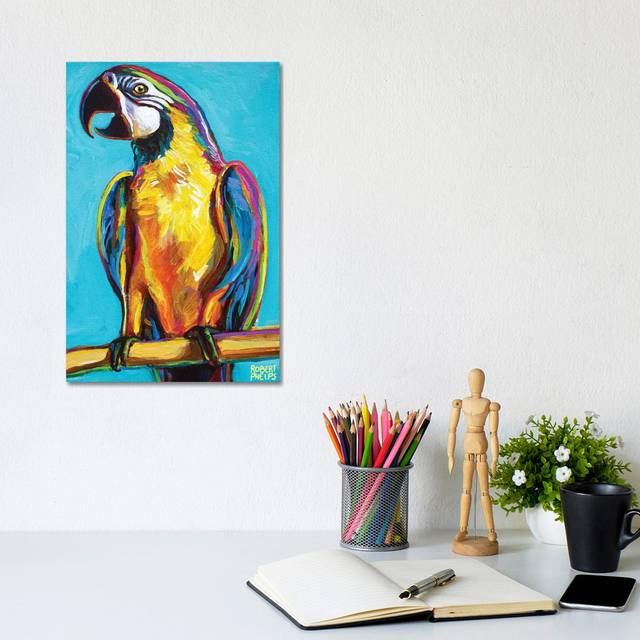 Parrot On Blue by Robert Phelps - No Frame Gallery-Wrapped Canvas Giclée on Canvas - Black;White;Red;Turquoise;Viking Blue (30.48cm H x 20.32cm W)