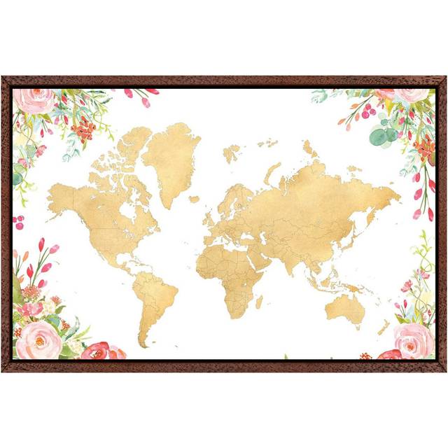 Gold World Map With Boho Watercolor Flowers by Blursbyai - Gallery-Wrapped Canvas Giclée on Canvas - Classic Wood Floater Framed (66.04cm H x 101.6cm W)