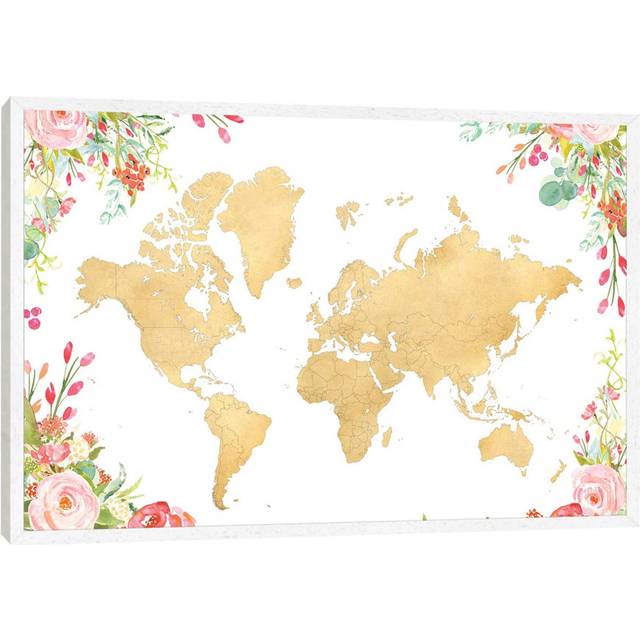 Gold World Map With Boho Watercolor Flowers by Blursbyai - Gallery-Wrapped Canvas Giclée on Canvas - White Floater Framed (66.04cm H x 101.6cm W)