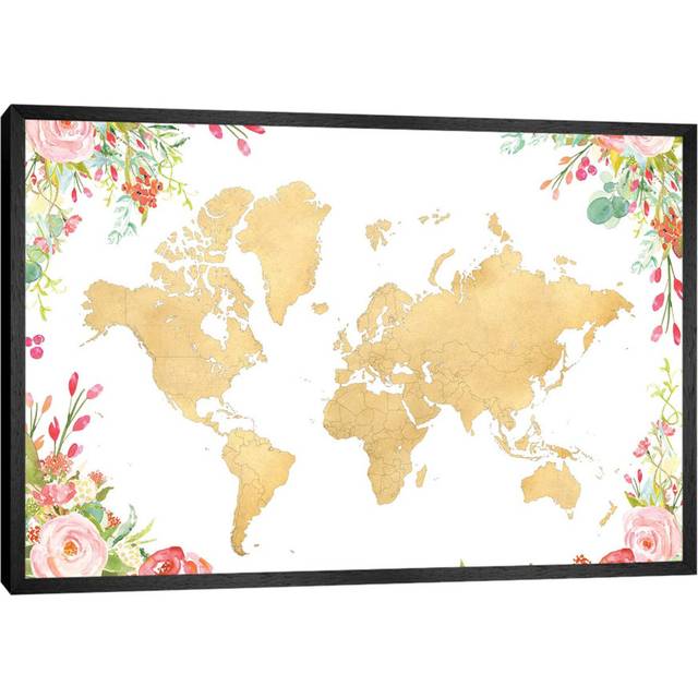 Gold World Map With Boho Watercolor Flowers by Blursbyai - Gallery-Wrapped Canvas Giclée on Canvas - Black Floater Framed (66.04cm H x 101.6cm W)