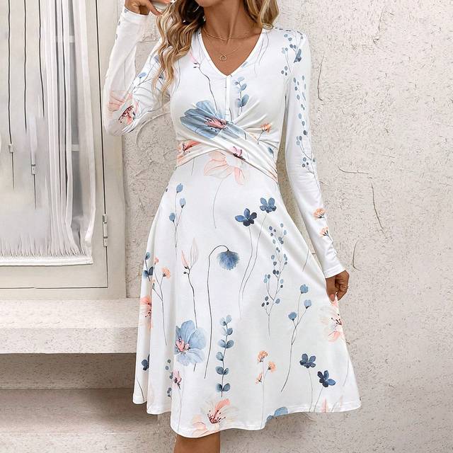 SHEIN Women Floral Print V-Neck Long Sleeve Midi Dress Fall Women Dresses Baby Blue Print Dress Women White Long Sleeve Dress