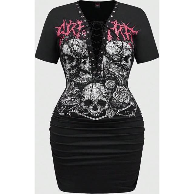 ROMWE Plus Size Punk Skull Gothic Snake Print Metal Lace-Up Sexy Deep V Bodycon Ruched Plus Size Dress, For Summer