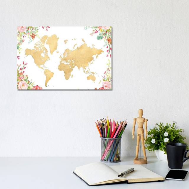 Gold World Map With Boho Watercolor Flowers by Blursbyai - No Frame Gallery-Wrapped Canvas Giclée on Canvas - White;Silver;Cream;Earls Green;Light Yel (20.32cm H x 30.48cm W)