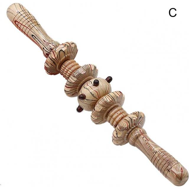 (a-C) Skin-friendly Fascia Massager Anti-slip Handle Wood Grooved Gear Multifunctional Smooth Roller Massager for Home