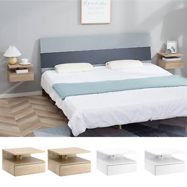 Homcom Floating Bedside Cabinet With Drawer And Open Shelf, Wall Mounted Nightstands, Bedside Table With Storage, Oak Tone