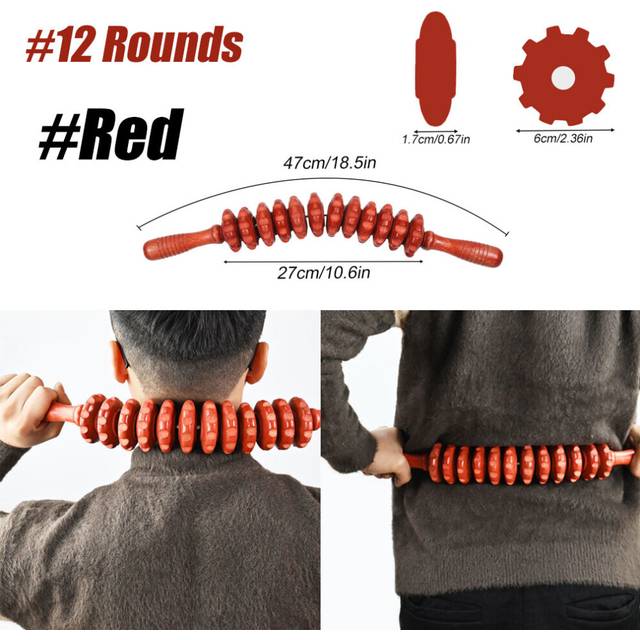 (a-ITEM 61-12rounds-red) BYEPAIN 1Pcs Wood Therapy Massage Tool Lymphatic Drainage Massager Anti Cellulite Fascia Roller for Full Body Muscle Pain Rel