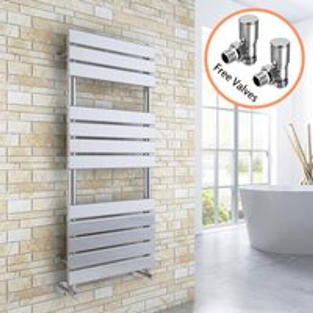 Elegant - 1200 x 500 Chrome Flat Panel Heated Towel Rail Bathroom Radiator + Angled Radiator Valves