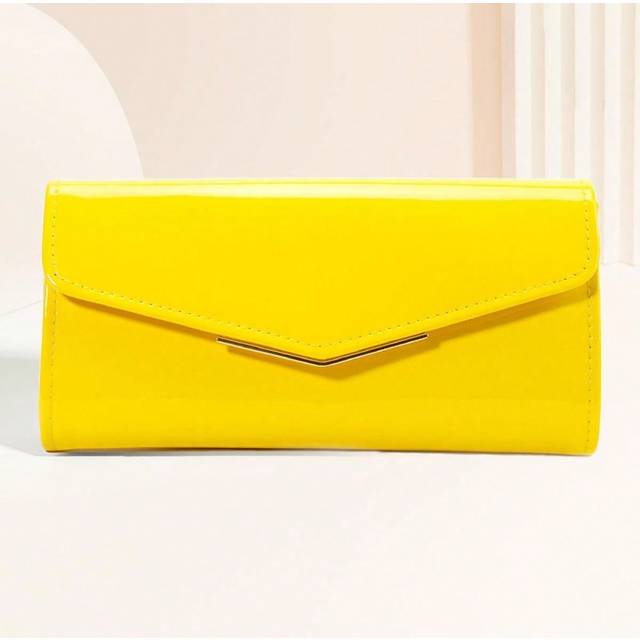 SHEIN Large Capacity Yellow Patent Leather Envelope Clutch Purse Shiny Candy Solid Color Evening Bag For Women, Fashionable Butter Yellow Bag For Women